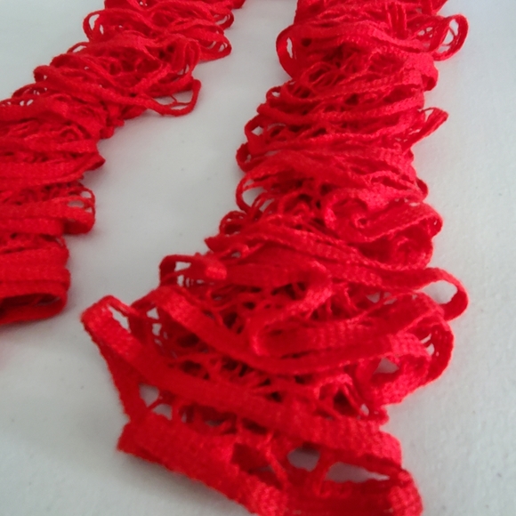 X-Long Red Crocheted Ruffle Scarf - Picture 6 of 8
